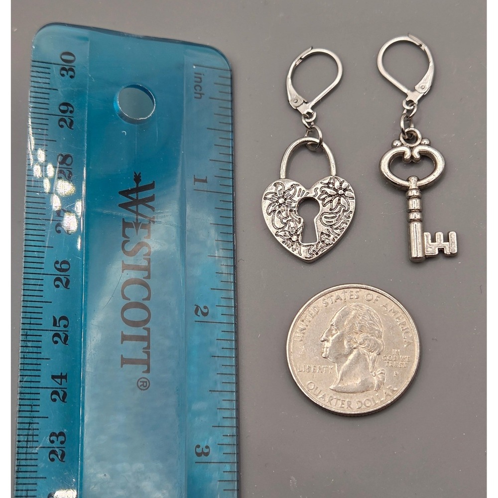 Handmade Earrings Silver Tone Whimsical Heart Lock and Key Hypoallergenic - Picture 5 of 7